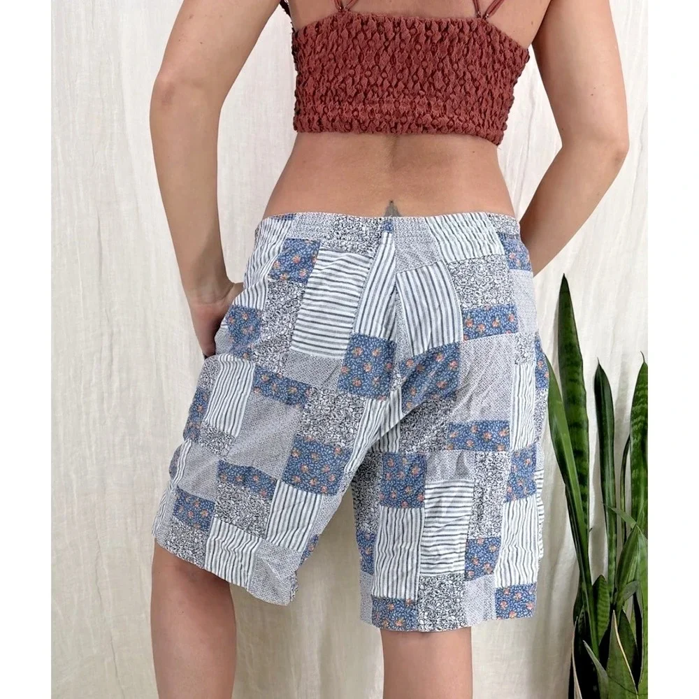 Vtg 90s Patchwork Shorts Womens M Cottage Indie Boho Bermuda Skater Long Baggy